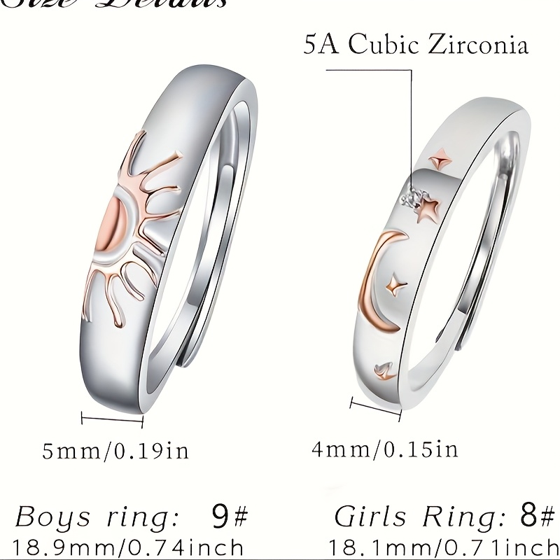 Sun & Moon Couple Rings 2pcs 925 Sterling Silver Engagement Adjustable Matching